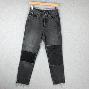 BDG Raw Hem Black Patch High Waisted Slim Straight Jeans Size 28